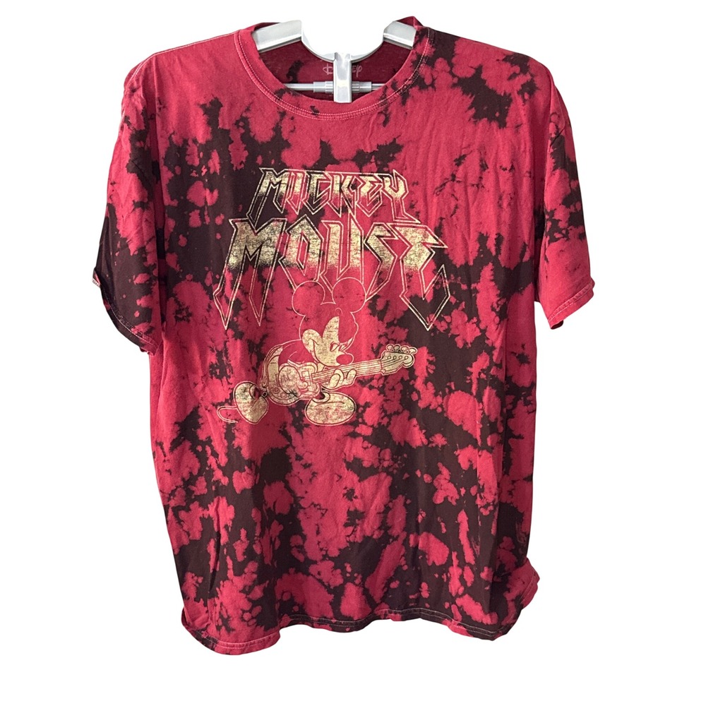 Disney Mickey Mouse Rock Guitar Heavy Metal Acid Wash Red Tie Dye T-Shirt Large